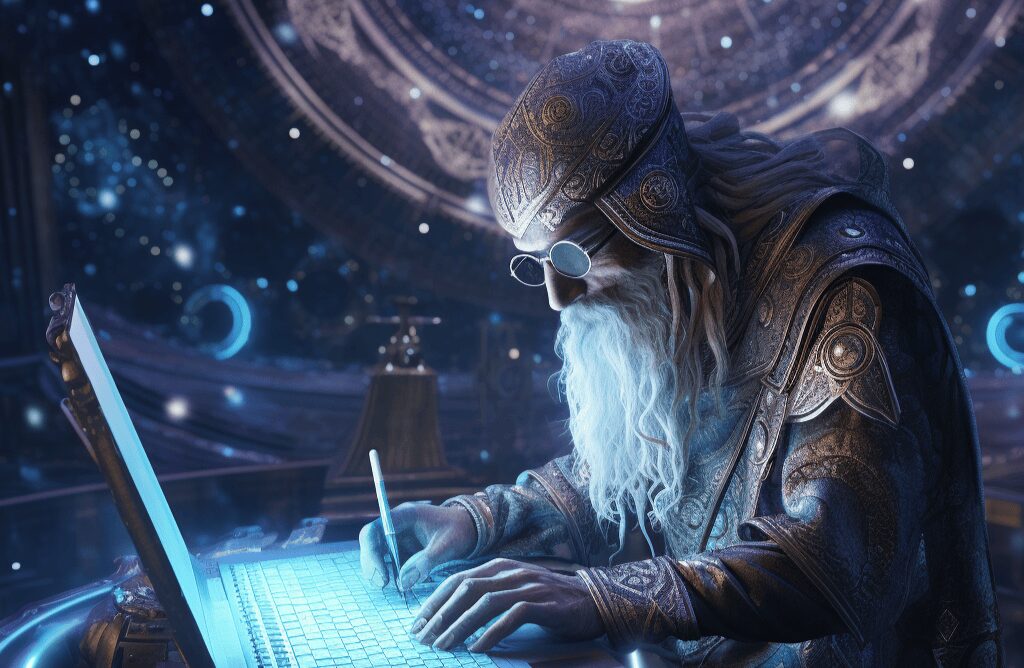 A magician using laptop, made with The fractalnaut and Leonard.Ai