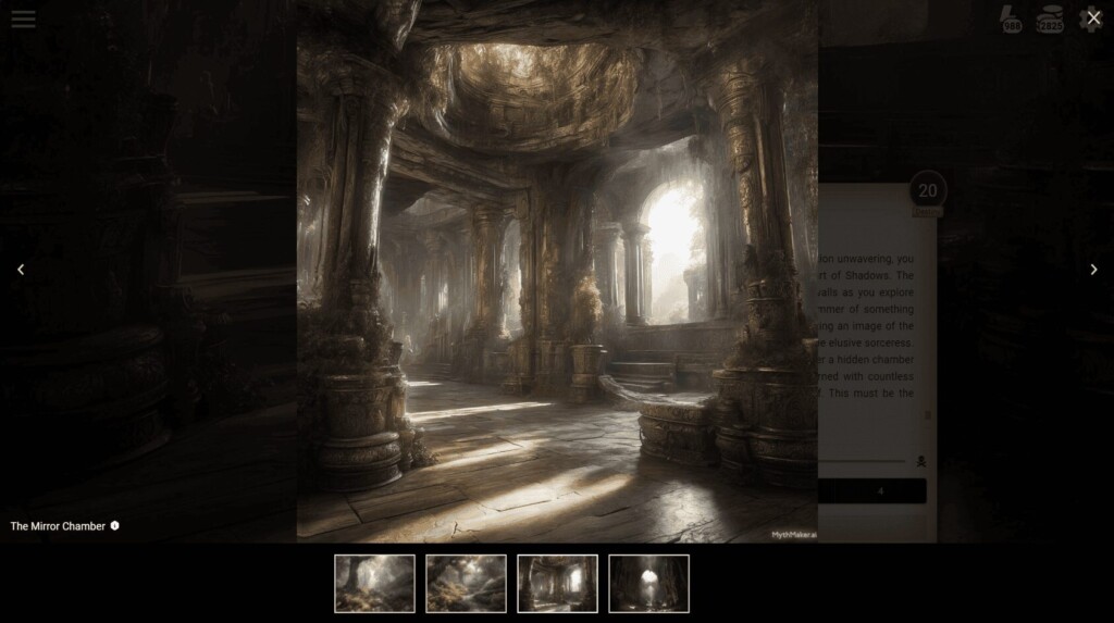 A screenshot from the Myth Maker AI game featuring art made with Leonardo