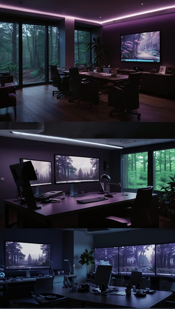 Pointdot office AI generated Leonardo, Sci Fi with purple lighting