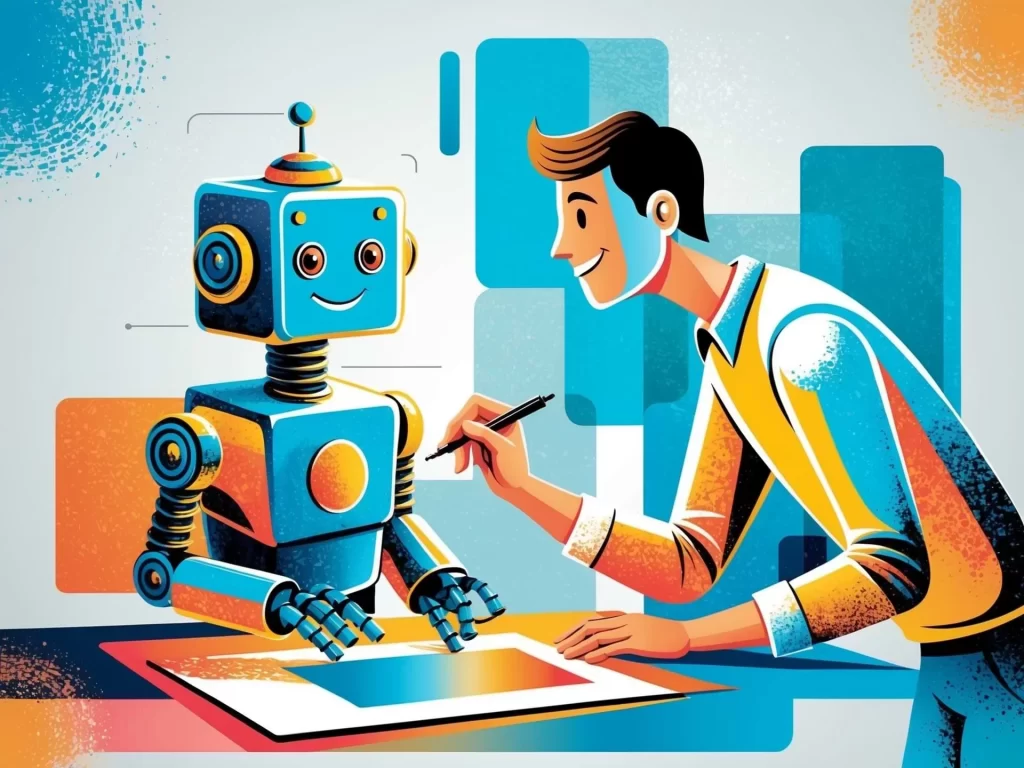 illustration of a human and a robot working on ai graphic design