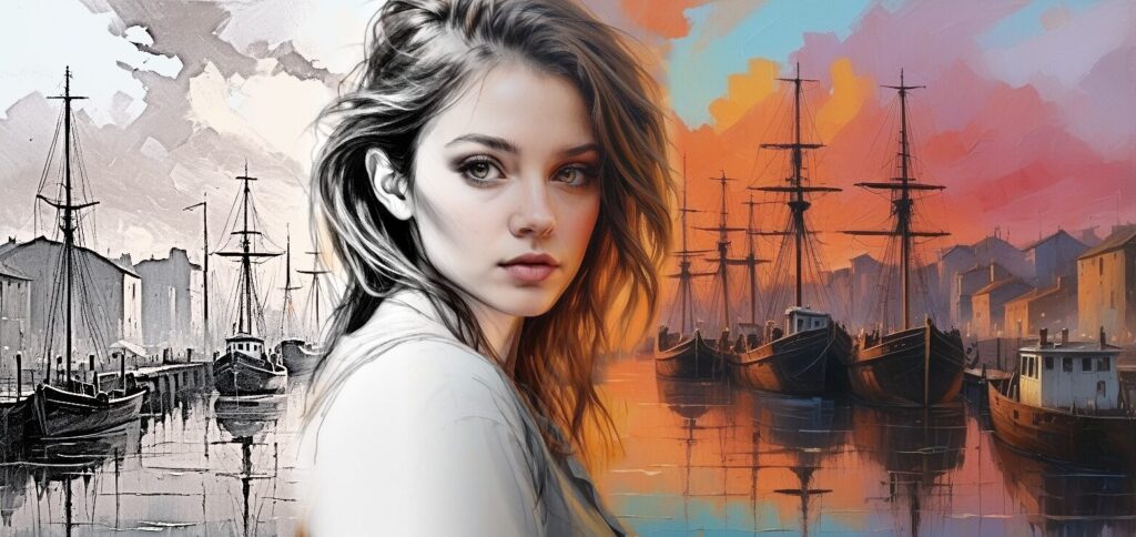 An image showing a sketch in the left side, on the right side the same sketch with color